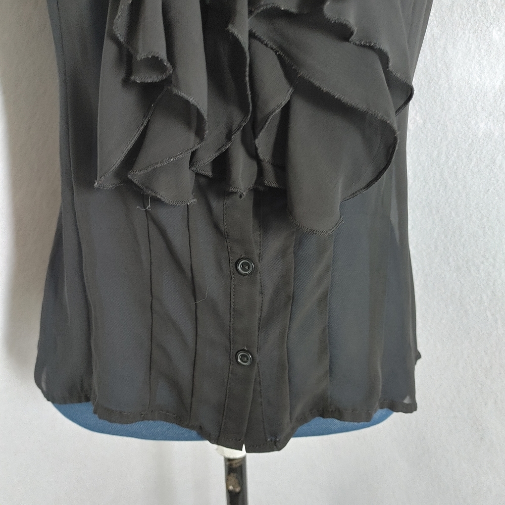 Dots Sheer Black Ruffle Button Shirt Blouse - Picture 3 of 6